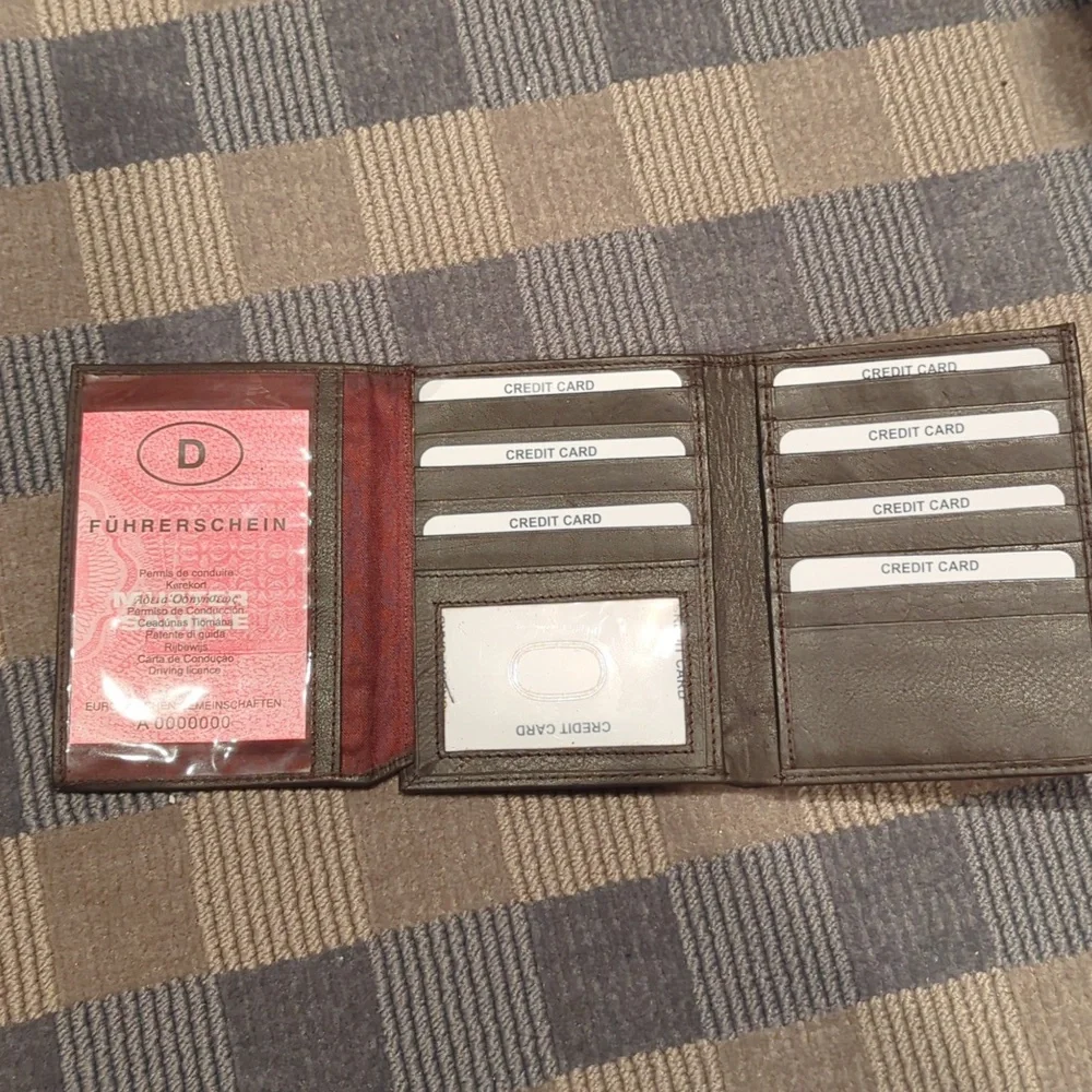 Brown leather credit card and ID wallet. Stores over 20 cards!